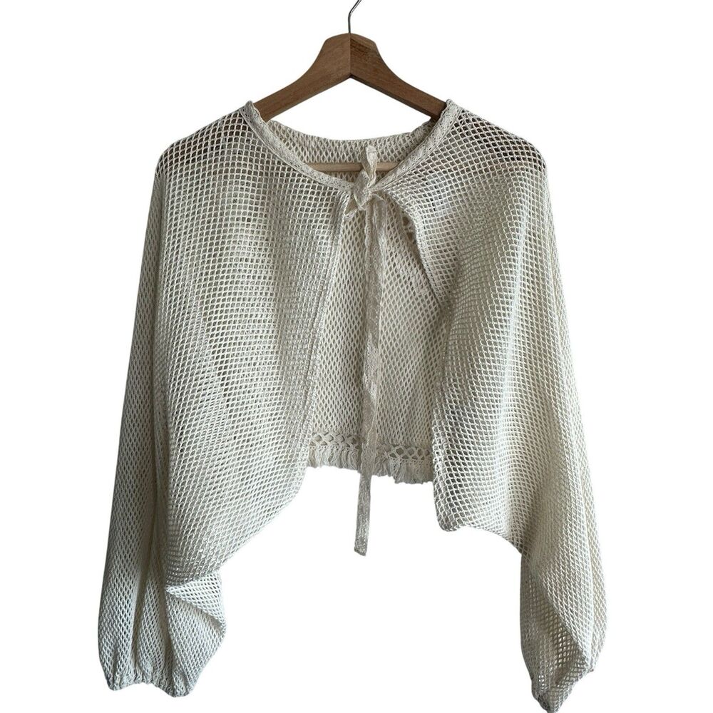 LucyParis Chrug Mesh Crochet Sz L Cardigan Beige Dolman Sleeves Cotton